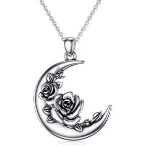 SIMONLY Mother's Day Gifts Birth Month Flower Necklace for Women S925 Sterling Silver Moon Crescent Shape Birth Flower Pendant Necklace Birthday Gifts for Women Her