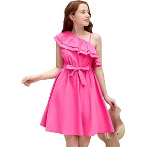 WDIRARA Girl's Asymmetrical Neck Ruffle Trim Belted Party Flared Aline Dress