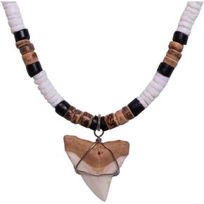 BlueRica Shark Tooth on Puka and Coconut Shell Beads Necklace (20" 4U)