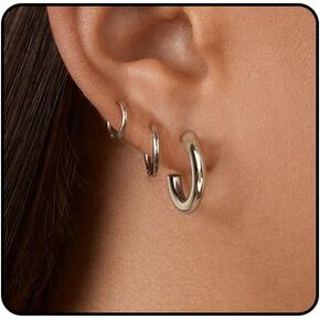 Gold Hoop Earrings Set for Women, Chunky Gold Open Hoops 25mm Lightweight Surgical Stainless Steel Cartilage Huggie Hoop Earrings 8mm 10mm 14K Gold Plated Hypoallergenic Earrings for Sensitive Ears