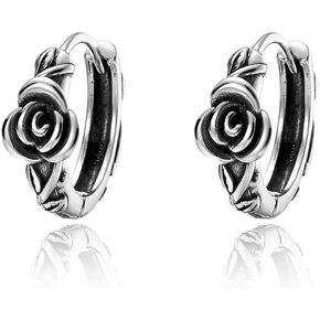 Vintage Rose Huggie Hoop Earrings for Women Teen Girls Sterling Silver 3D Rose Flower Hoops Earrings Studs Retro Antique Silver Floral Ear Jewelry Gift Hypoallergenic