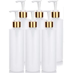 JUVITUS 8 oz Clear Natural Refillable Plastic Squeeze Bottle with Gold Lotion Pump Dispenser (6 Pack)