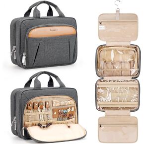 Travel Toiletry Bag for Women and Men, with Jewelry Organizer Compartment and Waterproof pocket, Hanging Makeup Accessories, Cosmetic Essentials, Toiletries Dopp Kit Set with Trolley Belt, Baby Pink