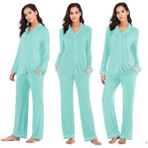 Womens Pajama Set 95% Cotton 5% Spandex Long Sleeve Sleepwear Top & Pants 2 Piece Pj's Set Turquoise XS - 2XL in Saudi Arabia