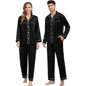 SWOMOG Couples Silk Satin Pajamas Sets Long Sleeve Sleepwear 2-Piece Pjs Set Button-Down Loungewear Comfy Nightwear