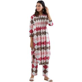 Kurta Pant Set for Women Short Sleeves Indian Ethnic Clothing Round Neck Printed Kurti Yellow Burgundy Pink