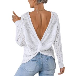 CUPSHE Women V Neck Sweater Long Sleeve Dress Pullover White Sweater
