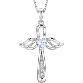 BELRYO Angel Wings Pendant Necklace for Women 925 Sterling Silver Cross Necklace with Cubic Zirconia Heart Jewelry Gifts for Birthday Christmas