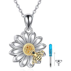 ONEFINITY Sunflower Urn Necklace Sterling Silver Sunflower Bee Cremation Jewelry for Ashes Memory Necklace Jewelry for Women