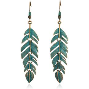 ANDPAI Handmade Boho Floating Feathers Dangle Drop Earrings Lightweight Vintage Green Bronze Statement Leaves Earrings with Detailed Texture Earring for Women Girls