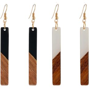 2Pairs Retro Wood Geometric Round Square Oval Drop Earring Set for Women Girl Teen Friend Lightweight Spliced Color Wooden Dangle Earring Handmade Statement Jewelry Birthday Gift