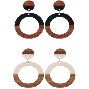 2Pairs Retro Wood Geometric Round Square Oval Drop Earring Set for Women Girl Teen Friend Lightweight Spliced Color Wooden Dangle Earring Handmade Statement Jewelry Birthday Gift