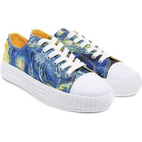 Maspis Klassik Women’s Low Top Platform Lace Up Canvas Van Gogh Shoes - Casual Fashion & Walking Sneakers Famous Print Art