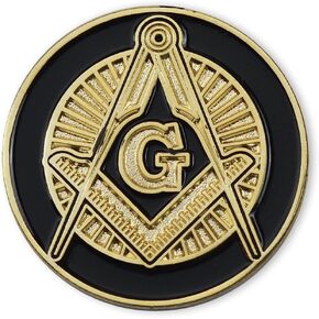 Shining Square & Compass Round Masonic Lapel Pin - [Black & Gold][1'' Diameter]