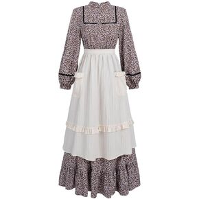 Nuoqi Prairie Dress Women Pioneer Dress Long Adult Colonial Costume with Apron Brown