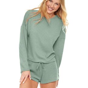 Alexander Del Rossa Women's Soft Ribbed Waffle Rib Knit Pajamas Lounge Set Long Sleeve Sweater Top and Shorts w Drawstring in Kuwait