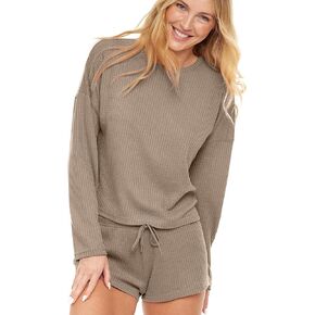 Alexander Del Rossa Women's Soft Ribbed Waffle Rib Knit Pajamas Lounge Set Long Sleeve Sweater Top and Shorts w Drawstring