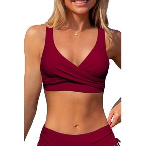 Beachsissi Women's Twist Front Bikini Top V Neck Tie Back Padded Swimsuit Top Bathing Suits