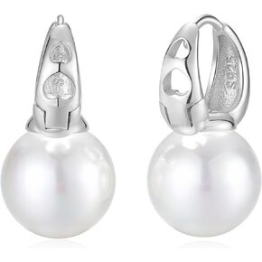 925 Sterling Silver Pearl Drop Earrings for Women: 12MM Pearl Dangle Earrings, CZ Diamond Pearl Earrings, Birthday Gifts