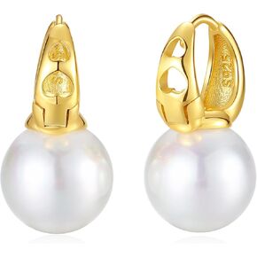 925 Sterling Silver Pearl Drop Earrings for Women: 12MM Pearl Dangle Earrings, CZ Diamond Pearl Earrings, Birthday Gifts