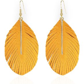 Feather Leather Layered Fringe Earrings for Women Boho Genuine Leather Leaf Tassel Dangle Statement Earrings Bohemian Hypoallergenic Lightweight Drop Earring with Metal Bar Nickel Free