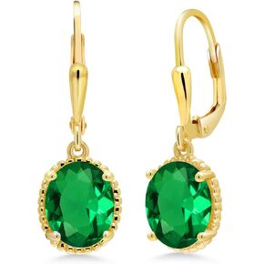 Gem Stone King 18K Yellow Gold Plated Silver Green Nano Emerald Leverback Dangle Earrings For Women (3.00 Cttw, Gemstone May Birthstone, Oval 9X7MM)