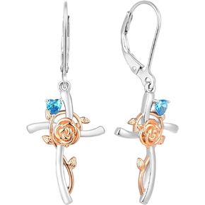 YL Rose Cross Earrings 925 Sterling Silver Flower Dangle Drop Earrings Religious Leverback Jewelry Christian Baptism Gift