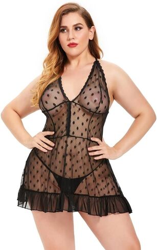 MianJuTang lingerie for women plus size Black mesh dress Polka Dot lace Ruffles V Neck Teddy Babydoll Nightgown… in Saudi Arabia