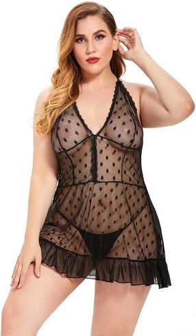 MianJuTang lingerie for women plus size Black mesh dress Polka Dot lace Ruffles V Neck Teddy Babydoll Nightgown… in Saudi Arabia