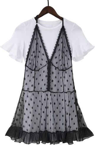 MianJuTang lingerie for women plus size Black mesh dress Polka Dot lace Ruffles V Neck Teddy Babydoll Nightgown… in Saudi Arabia