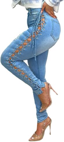 بنطلون جينز SEMATOMALA نسائي متقاطع من الجانب متقاطع وأربطة مجوفة بطول كامل من قماش الدنيم الممزق والمتعثر in Kuwait