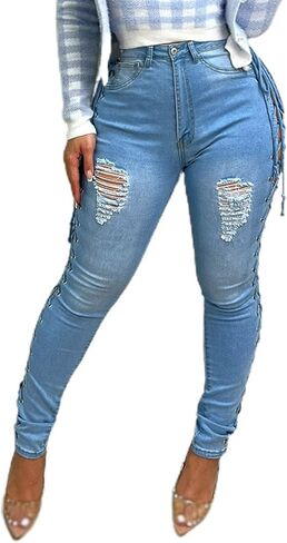 بنطلون جينز SEMATOMALA نسائي متقاطع من الجانب متقاطع وأربطة مجوفة بطول كامل من قماش الدنيم الممزق والمتعثر in Kuwait