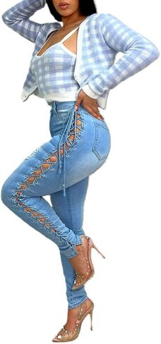 بنطلون جينز SEMATOMALA نسائي متقاطع من الجانب متقاطع وأربطة مجوفة بطول كامل من قماش الدنيم الممزق والمتعثر in Kuwait