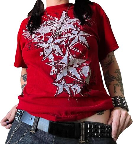 Women Girls Fairy Grunge Crop Tops Y2K Short Sleeve Graphic Print Slim Fit T-Shirt Baby Tees Aesthetic Clothes in Kuwait