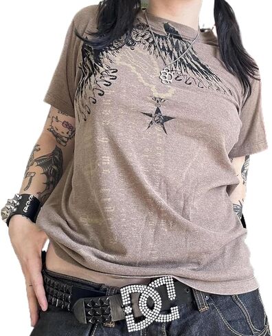 Women Girls Fairy Grunge Crop Tops Y2K Short Sleeve Graphic Print Slim Fit T-Shirt Baby Tees Aesthetic Clothes in Saudi Arabia