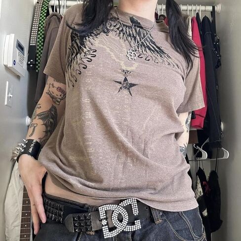 Women Girls Fairy Grunge Crop Tops Y2K Short Sleeve Graphic Print Slim Fit T-Shirt Baby Tees Aesthetic Clothes in Saudi Arabia