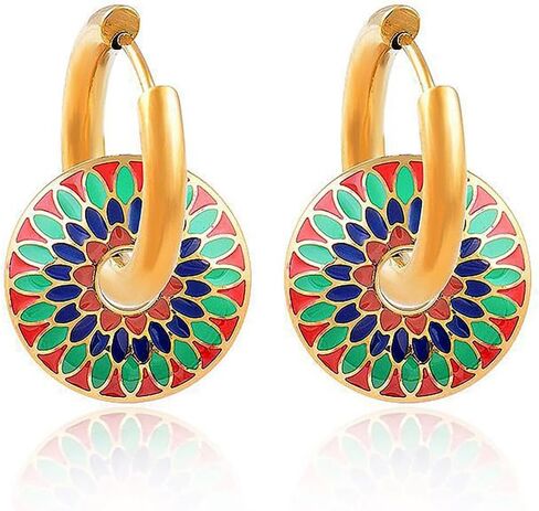 أقراط دائرية مطلية بالذهب والتيتانيوم للنساء - أقراط متدلية على شكل زهرة الأقحوان الزيتية - مجوهرات عتيقة للنساء in Kuwait