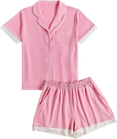 LYANER Women's 2 Piece Pajama Set Short Sleeve Button Down Top with Shorts Pj Set Sleepwear in Saudi Arabia