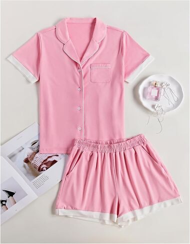 LYANER Women's 2 Piece Pajama Set Short Sleeve Button Down Top with Shorts Pj Set Sleepwear in Saudi Arabia