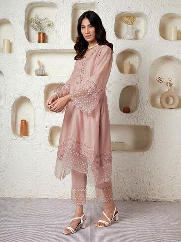 مجموعة بناطيل كورتا ذا تلوح في الأفق للنساء ملابس عرقية هندية برقبة على شكل حرف V مطبوعة كورتي عرقية هندية للبنات وردة قديمة in Kuwait