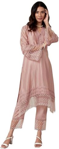 مجموعة بناطيل كورتا ذا تلوح في الأفق للنساء ملابس عرقية هندية برقبة على شكل حرف V مطبوعة كورتي عرقية هندية للبنات وردة قديمة in Kuwait