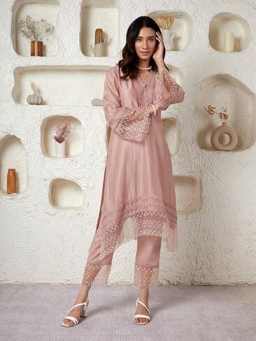 مجموعة بناطيل كورتا ذا تلوح في الأفق للنساء ملابس عرقية هندية برقبة على شكل حرف V مطبوعة كورتي عرقية هندية للبنات وردة قديمة in Kuwait