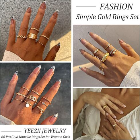 YEEZII مجموعة 68 قطعة من خواتم المفصل الذهبية و44 زوجًا من الأقراط الفضية للنساء والفتيات in Kuwait