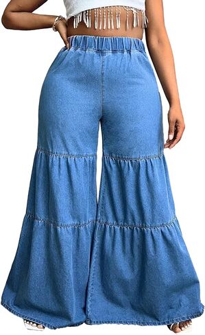 WDIRARA Women's Ruffle Trim Hem Wide Leg Elastic High Waisted Summer Denim Jean Flare Pants in Saudi Arabia