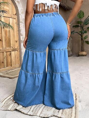 WDIRARA Women's Ruffle Trim Hem Wide Leg Elastic High Waisted Summer Denim Jean Flare Pants in Saudi Arabia