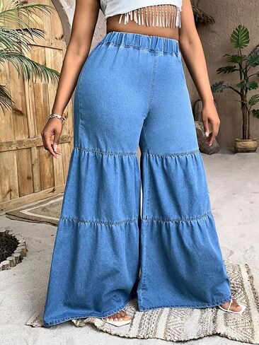 WDIRARA Women's Ruffle Trim Hem Wide Leg Elastic High Waisted Summer Denim Jean Flare Pants in Saudi Arabia
