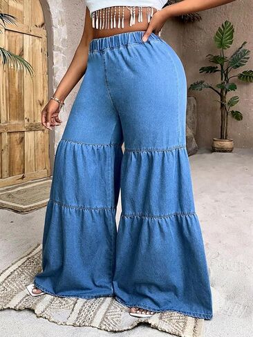 WDIRARA Women's Ruffle Trim Hem Wide Leg Elastic High Waisted Summer Denim Jean Flare Pants in Saudi Arabia