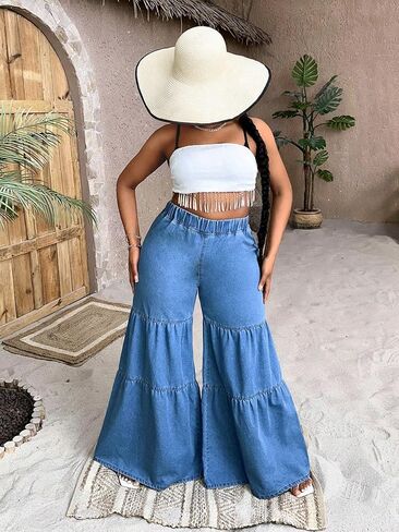 WDIRARA Women's Ruffle Trim Hem Wide Leg Elastic High Waisted Summer Denim Jean Flare Pants in Saudi Arabia