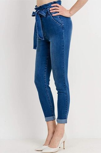 حقيبة ورقية للسيدات من خانوماك بخصر عالٍ مع حزام ربط ذاتي من قماش الدنيم الضيق in Kuwait