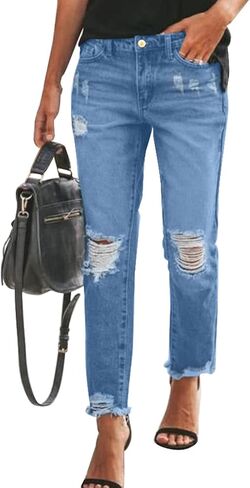 Paitluc Ripped Jeans for Women Boyfriend Stretchy Distressed Denim Pants Blue Jeans M in Kuwait